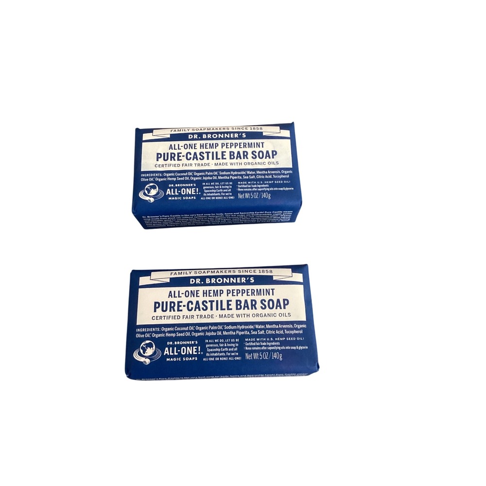 Dr Bronners All-One Hemp Peppermint Pure-Castile Bar Soap 5oz 2 Pack